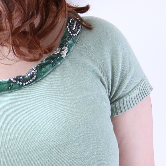 Anthropologie RARE Beaded Jewel Wide Neck Sweater Green by HWR - Picture 4 of 7